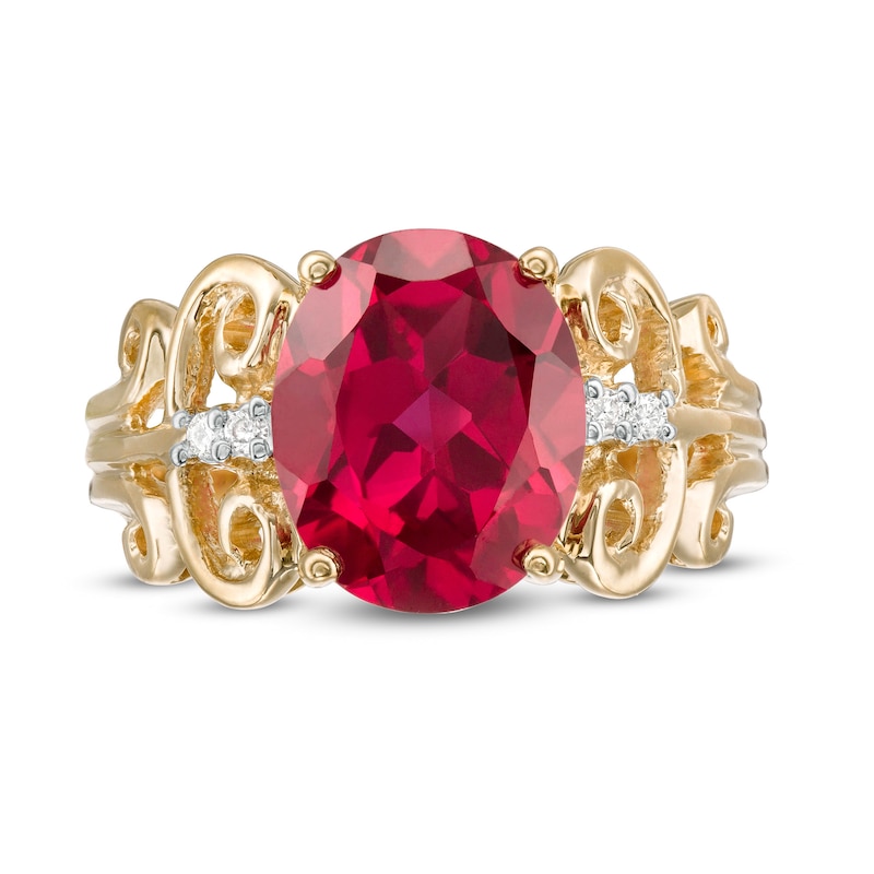 Oval Lab-Created Ruby and 1/20 CT. T.W. Diamond Vintage-Style Scroll Ring in 10K Gold