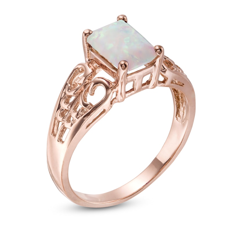 Emerald-Cut Lab-Created Opal Open Scroll Ring in 10K Rose Gold