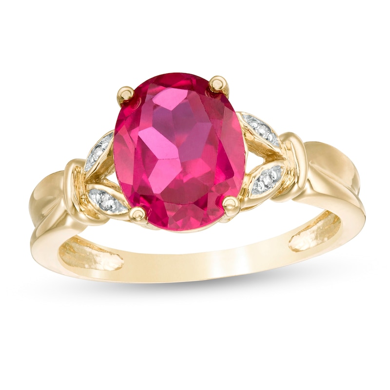 Oval Lab-Created Ruby and Diamond Accent Leaf Split Shank Ring in 10K Gold