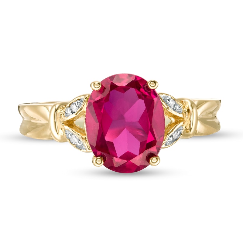 Oval Lab-Created Ruby and Diamond Accent Leaf Split Shank Ring in 10K Gold