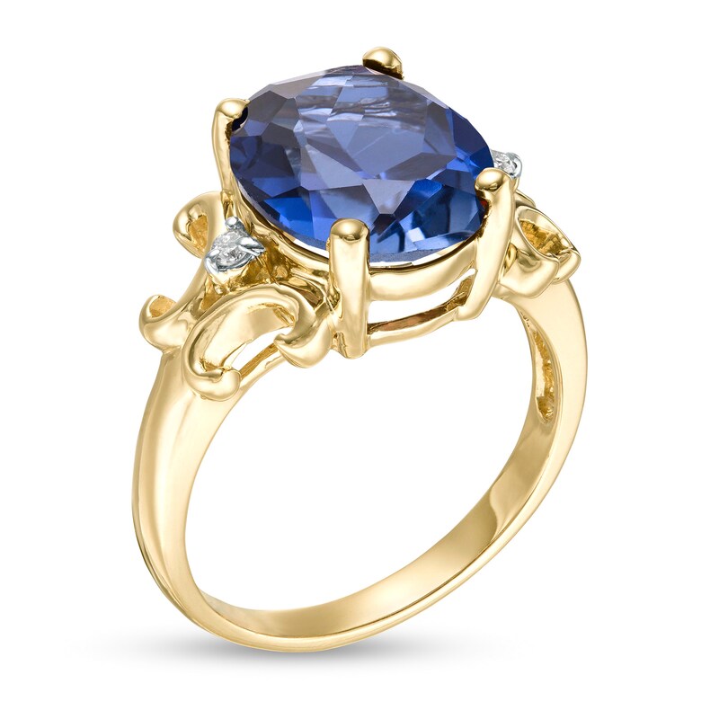 Main Image 3 of Oval Lab-Created Blue Sapphire and 1/20 CT. T.W. Diamond Scroll Frame Ring in 10K Gold