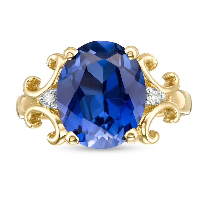 Main Image 4 of Oval Lab-Created Blue Sapphire and 1/20 CT. T.W. Diamond Scroll Frame Ring in 10K Gold