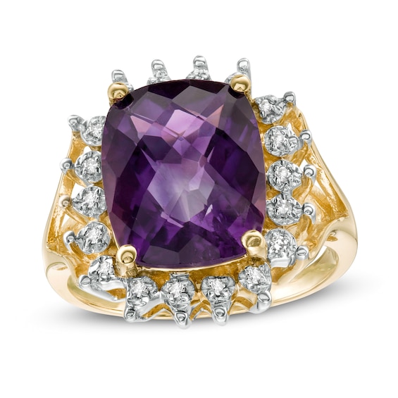 Cushion-Shaped Amethyst and 1/10 CT. T.w. Diamond Starburst Frame Ring in 10K Gold