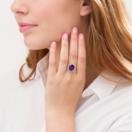 Cushion-Shaped Amethyst and 1/10 CT. T.w. Diamond Starburst Frame Ring in 10K Gold
