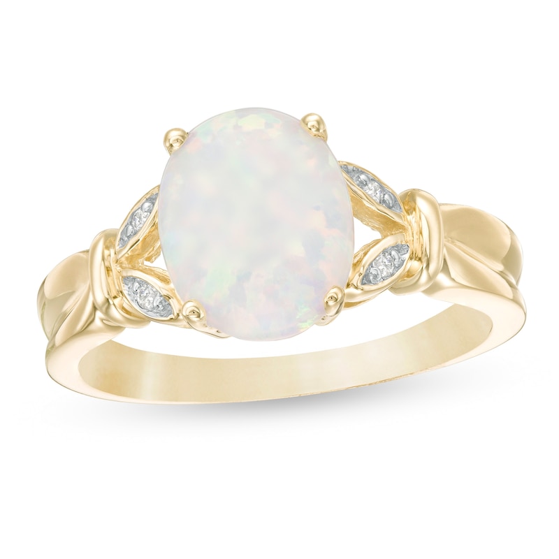 Oval Lab-Created Opal and Diamond Accent Leaf Split Shank Ring in 10K Gold