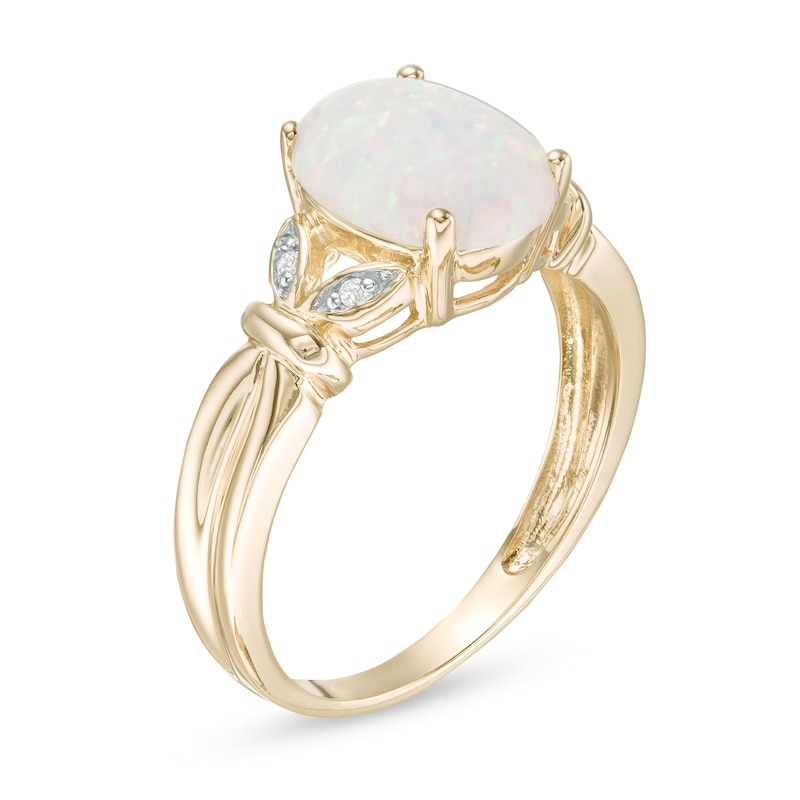 Oval Lab-Created Opal and Diamond Accent Leaf Split Shank Ring in 10K Gold