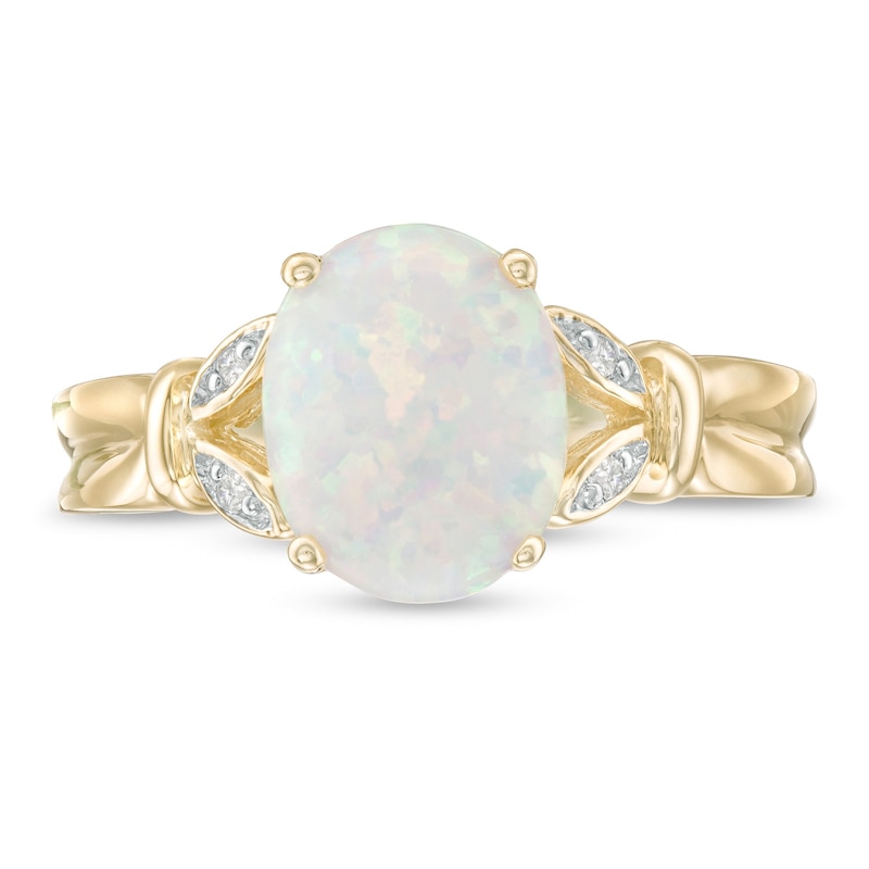 Oval Lab-Created Opal and Diamond Accent Leaf Split Shank Ring in 10K Gold