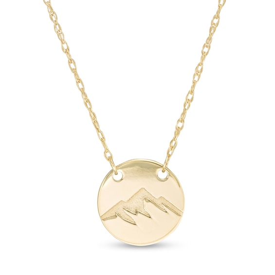 Mini Snowcapped Mountain Range Stamped Disc Necklace in 14K Gold