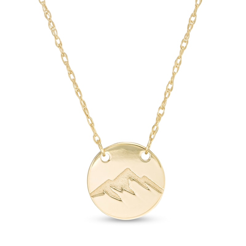 Mini Snowcapped Mountain Range Stamped Disc Necklace in 14K Gold