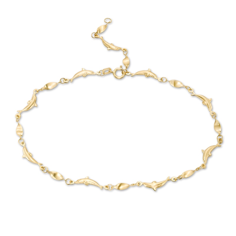 Alternating Dolphin and Oval Twist Adjustable Anklet in 14K Gold - 10"