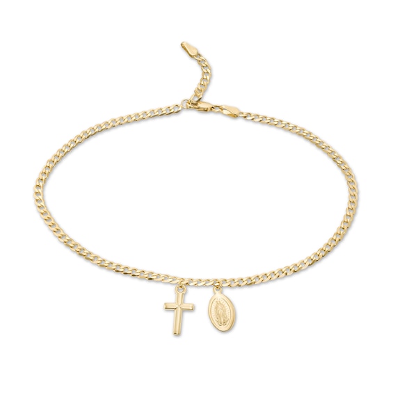 Virgin Mary and Cross Dangle Anklet in 14K Gold - 10"