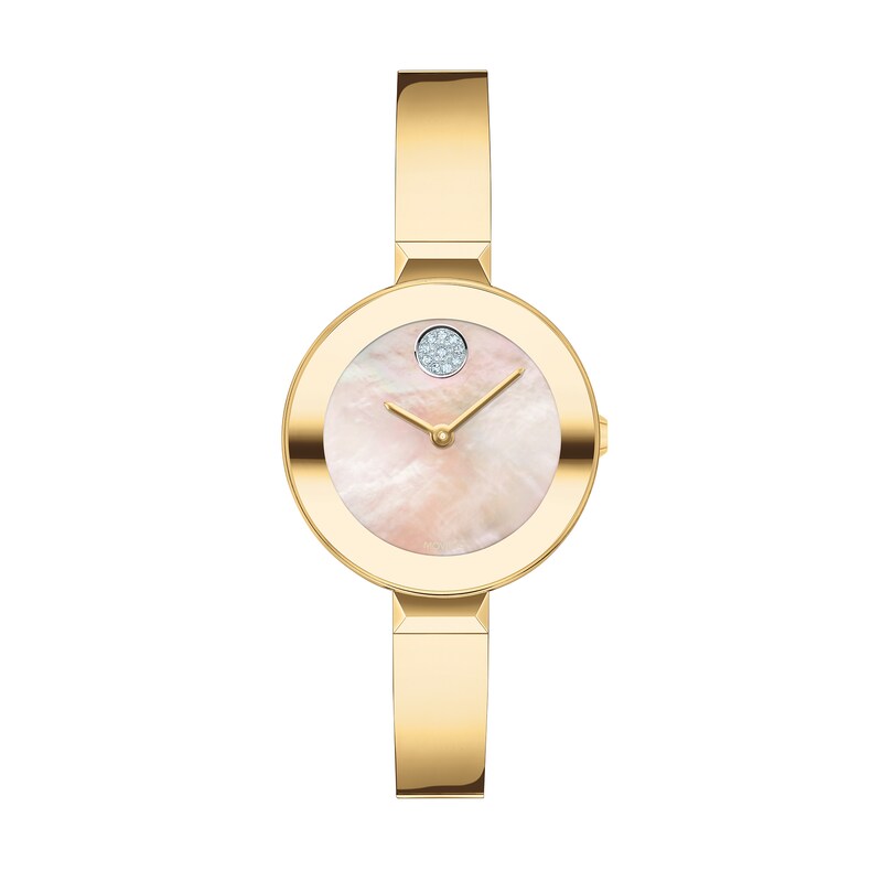 Main Image 1 of Ladies' Movado Bold®Crystal Gold-Tone Bangle Watch with Transparent Mother-of Pearl Dial (Model: 3600627)