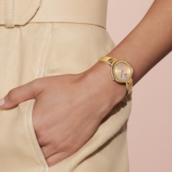 Ladies' Movado BoldÂ®Crystal Gold-Tone Bangle Watch with Transparent Mother-of Pearl Dial (Model: 3600627)