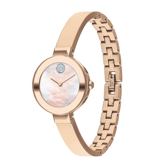 Ladies' Movado BoldÂ®Crystal Rose-Tone Bangle Watch with Transparent Mother-of Pearl Dial (Model: 3600628)