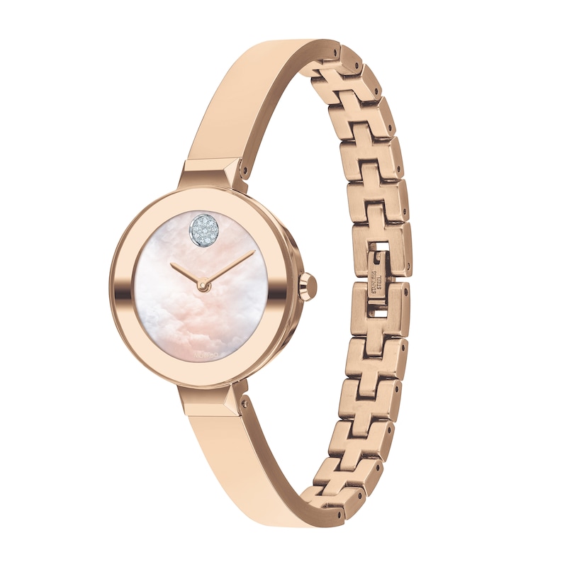 Main Image 2 of Ladies' Movado Bold®Crystal Rose-Tone Bangle Watch with Transparent Mother-of Pearl Dial (Model: 3600628)