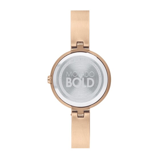 Ladies' Movado BoldÂ®Crystal Rose-Tone Bangle Watch with Transparent Mother-of Pearl Dial (Model: 3600628)