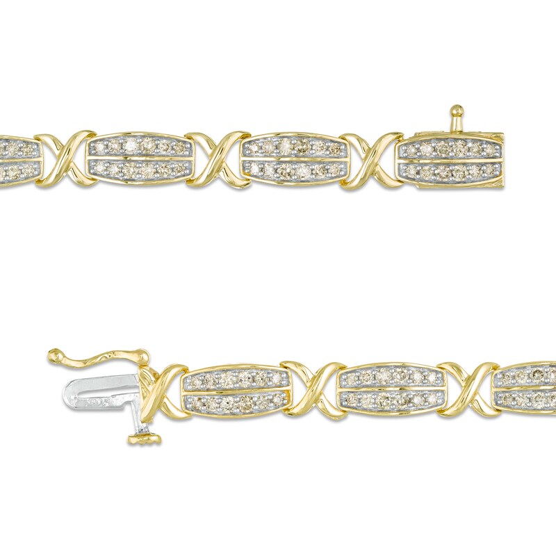 Main Image 3 of 2 CT. T.W. Diamond Double Row and "X" Link Bracelet in 10K Gold - 7.5"