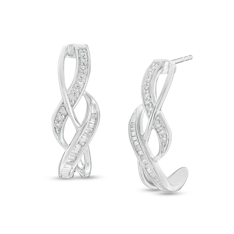Main Image 1 of 1/5 CT. T.W. Diamond Twist J-Hoop Earrings in Sterling Silver