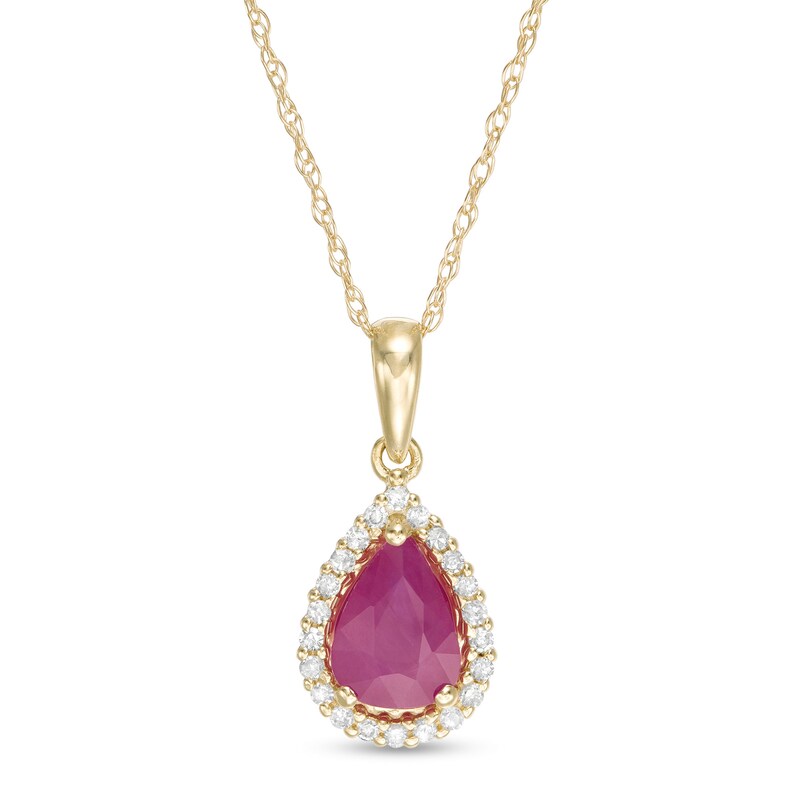 Main Image 1 of Pear-Shaped Ruby and 1/15 CT. T.W. Diamond Frame Pendant in 10K Gold