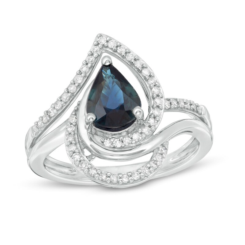 Main Image 1 of Pear-Shaped Blue Sapphire and 1/4 CT. T.W. Diamond Bypass Split Shank Ring in 10K White Gold