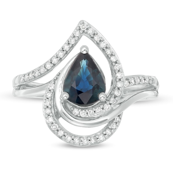 Pear-Shaped Blue Sapphire and 1/4 CT. T.w. Diamond Bypass Split Shank Ring in 10K White Gold