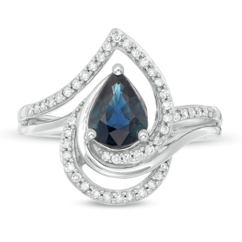 Main Image 4 of Pear-Shaped Blue Sapphire and 1/4 CT. T.W. Diamond Bypass Split Shank Ring in 10K White Gold