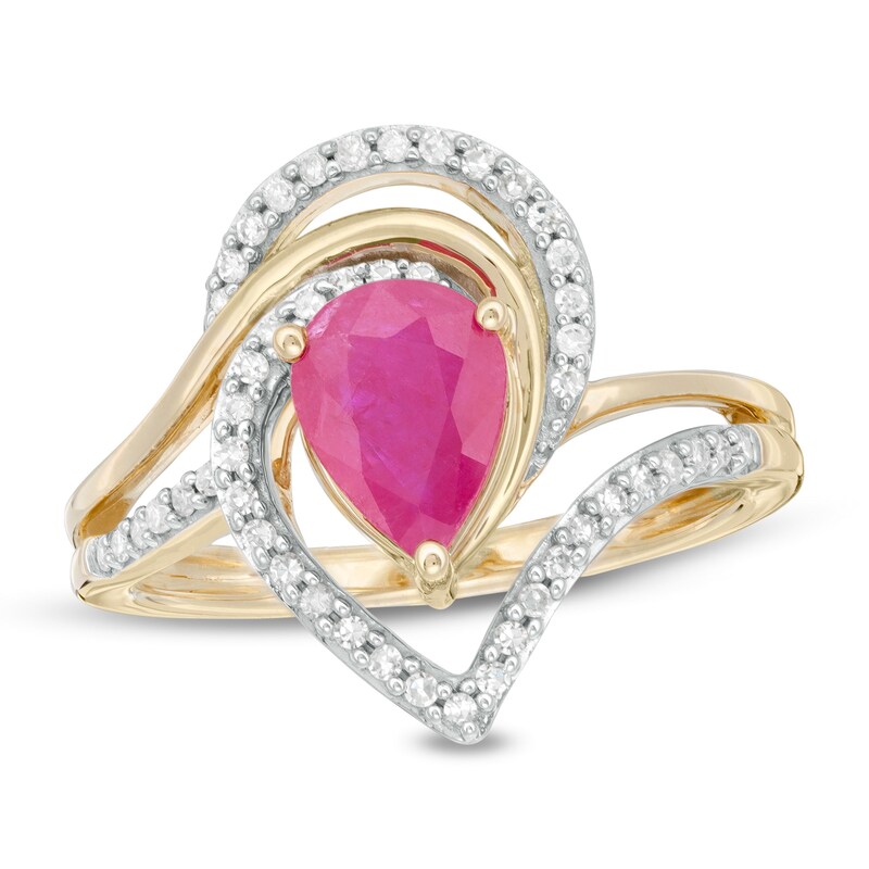 Main Image 1 of Pear-Shaped Ruby and 1/4 CT. T.W. Diamond Bypass Split Shank Ring in 10K Gold