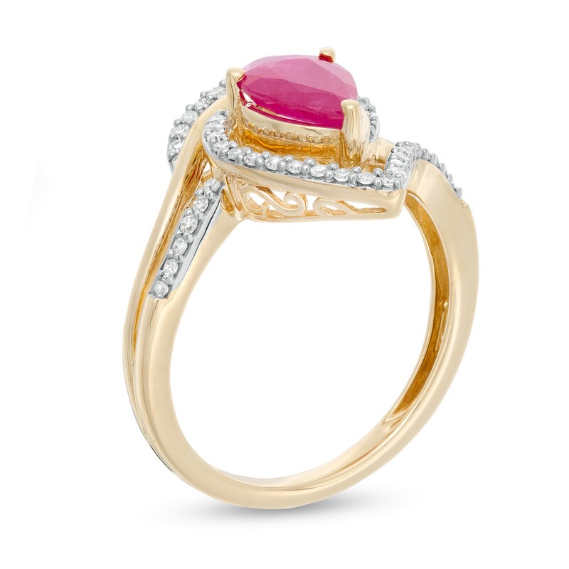 Main Image 3 of Pear-Shaped Ruby and 1/4 CT. T.W. Diamond Bypass Split Shank Ring in 10K Gold