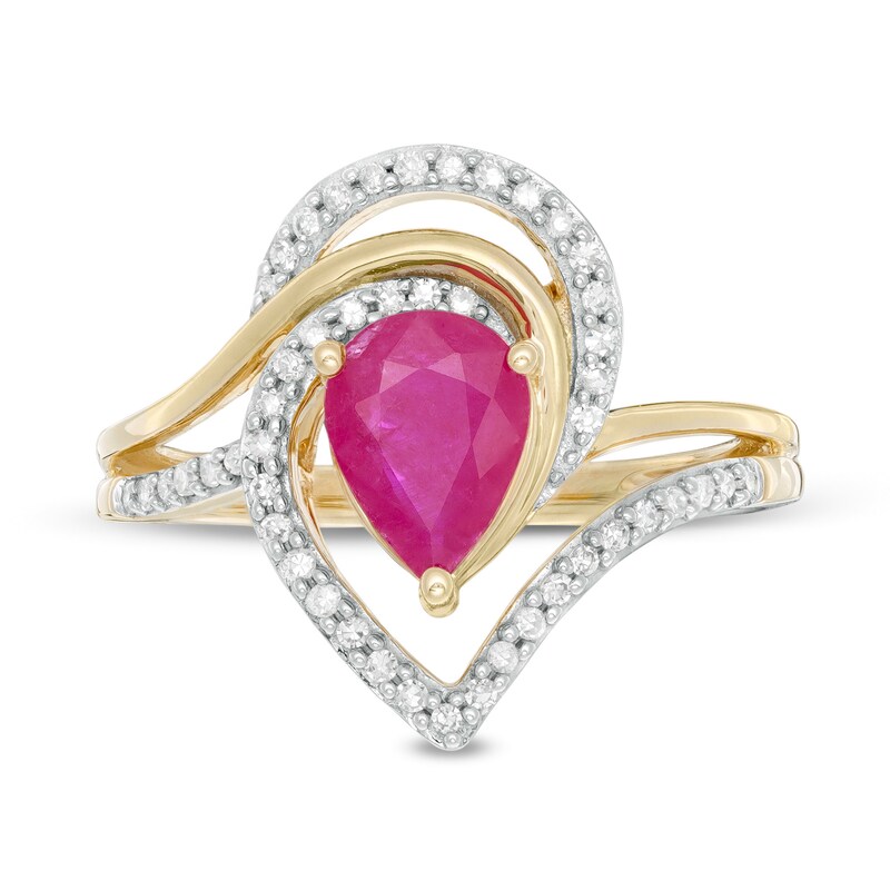 Pear-Shaped Ruby and 1/4 CT. T.W. Diamond Bypass Split Shank Ring in 10K Gold