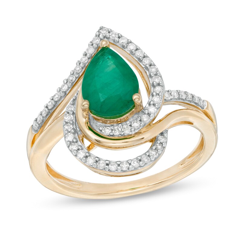 Main Image 1 of Pear-Shaped Emerald and 1/4 CT. T.W. Diamond Bypass Split Shank Ring in 10K Gold