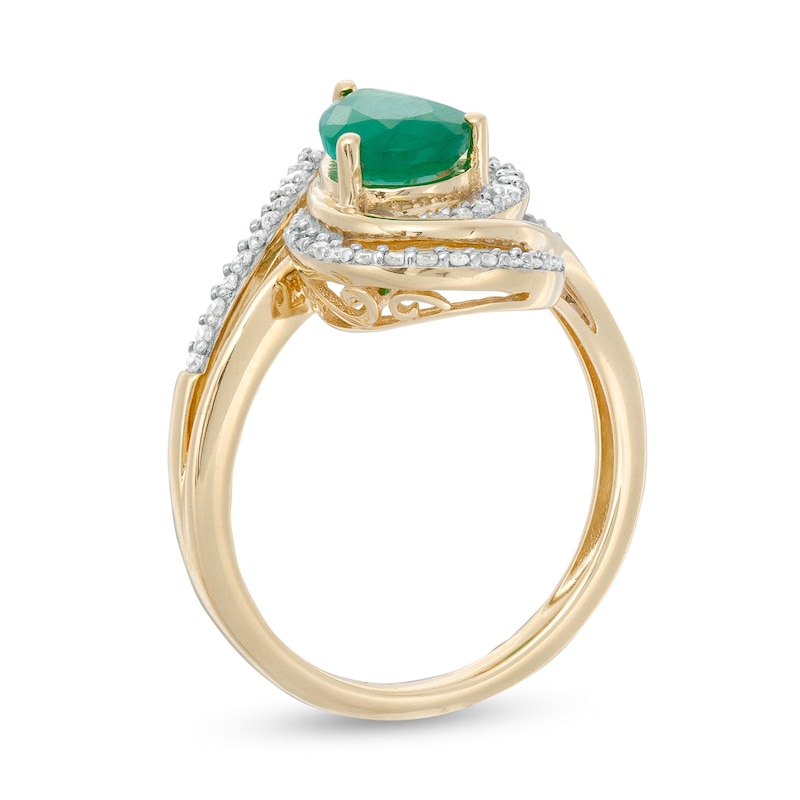 Main Image 3 of Pear-Shaped Emerald and 1/4 CT. T.W. Diamond Bypass Split Shank Ring in 10K Gold
