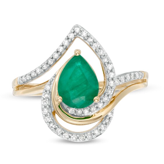 Pear-Shaped Emerald and 1/4 CT. T.W. Diamond Bypass Split Shank Ring in ...