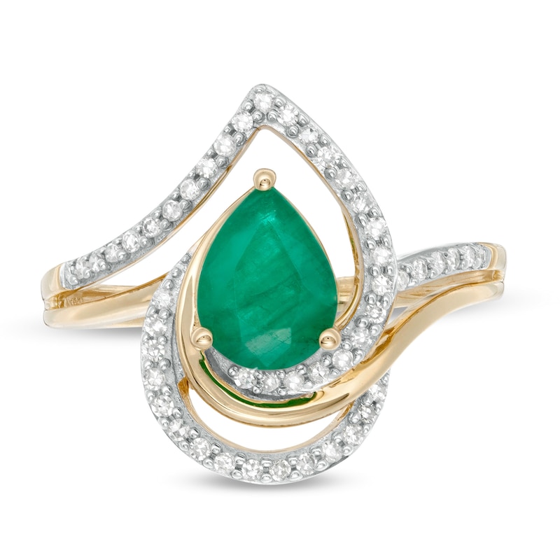 Main Image 4 of Pear-Shaped Emerald and 1/4 CT. T.W. Diamond Bypass Split Shank Ring in 10K Gold