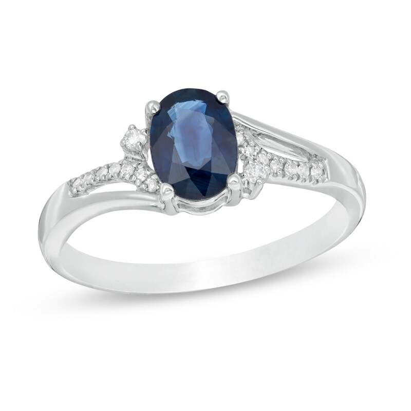 Main Image 1 of Oval Blue Sapphire and 1/20 CT. T.W. Diamond Vintage-Style Split Shank Ring in 10K White Gold