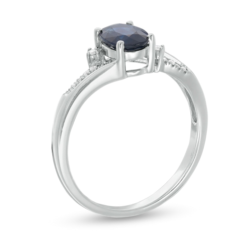 Main Image 3 of Oval Blue Sapphire and 1/20 CT. T.W. Diamond Vintage-Style Split Shank Ring in 10K White Gold