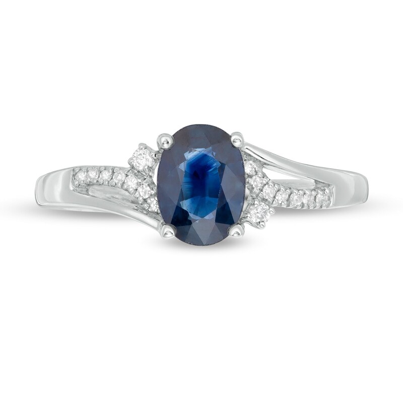 Main Image 4 of Oval Blue Sapphire and 1/20 CT. T.W. Diamond Vintage-Style Split Shank Ring in 10K White Gold