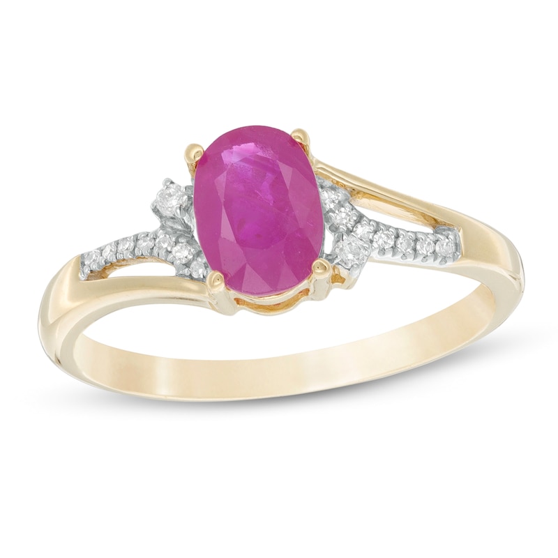 Oval Ruby and 1/20 CT. T.W. Diamond Vintage-Style Split Shank Ring in 10K Gold