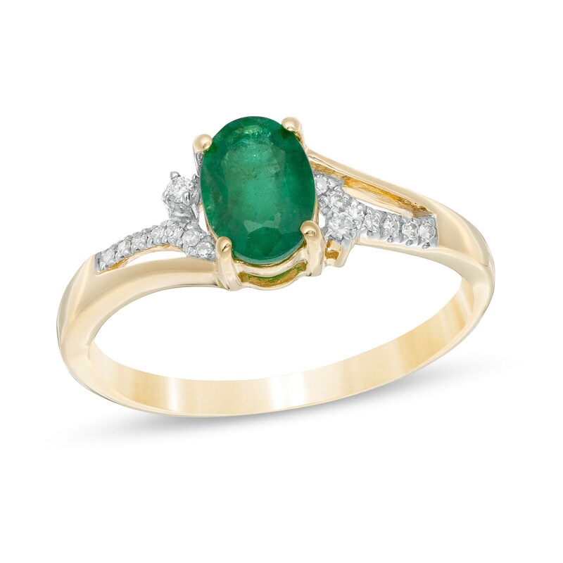 Main Image 1 of Oval Emerald and 1/20 CT. T.W. Diamond Vintage-Style Split Shank Ring in 10K Gold