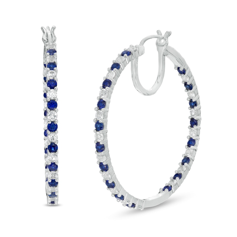 Alternating Lab-Created Blue and White Sapphire Inside-Out Hoop Earrings in Sterling Silver