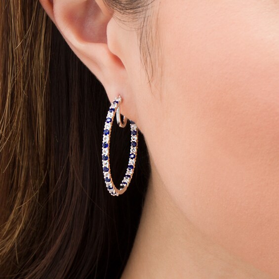 Alternating Lab-Created Blue and White Sapphire Inside-Out Hoop Earrings in Sterling Silver