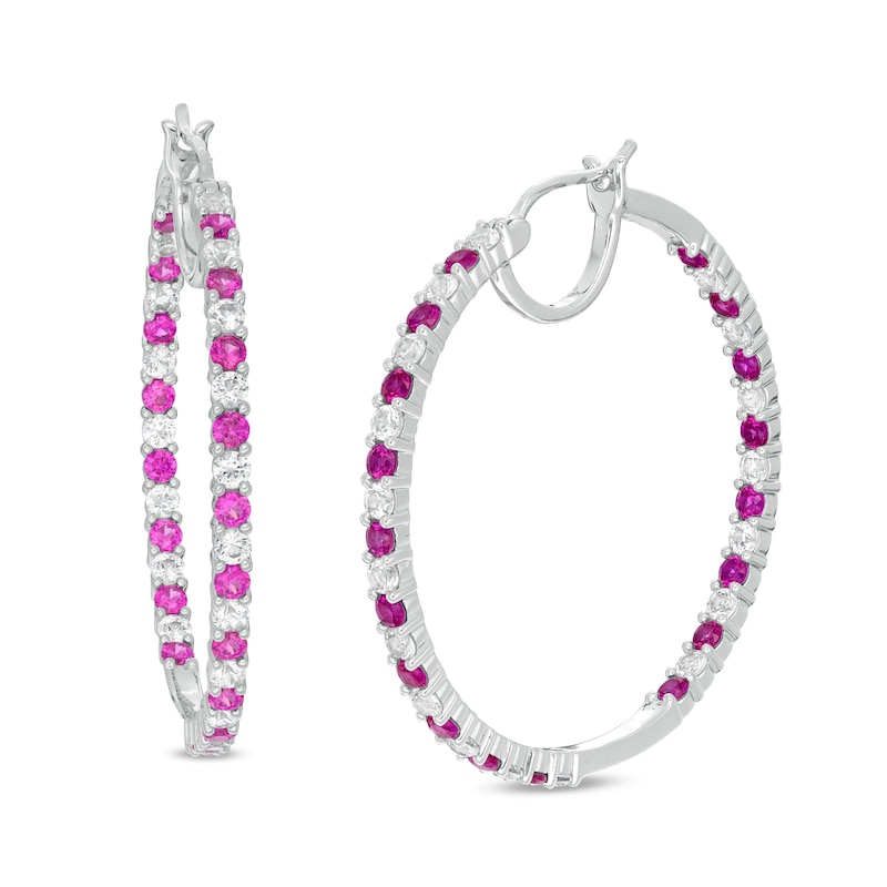 Main Image 1 of Alternating Lab-Created Ruby and White Sapphire Inside-Out Hoop Earrings in Sterling Silver