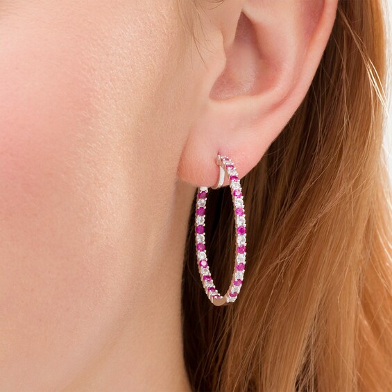 Alternating Lab-Created Ruby and White Sapphire Inside-Out Hoop Earrings in Sterling Silver