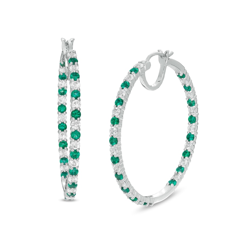 Main Image 1 of Alternating Lab-Created Emerald and White Sapphire Inside-Out Hoop Earrings in Sterling Silver