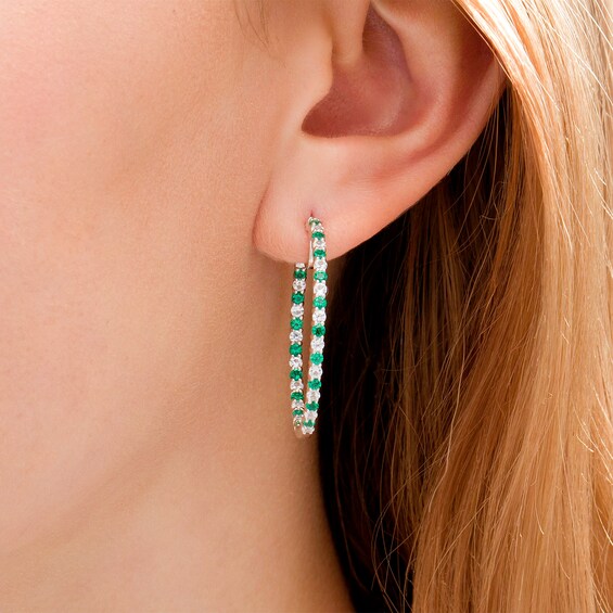 Alternating Lab-Created Emerald and White Sapphire Inside-Out Hoop Earrings in Sterling Silver