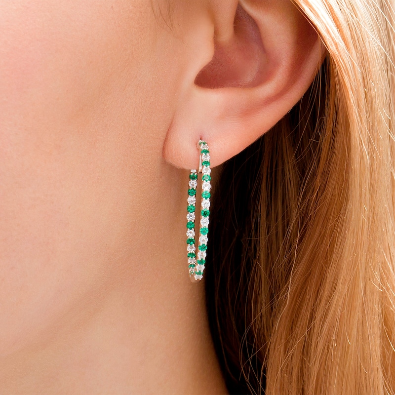 Main Image 2 of Alternating Lab-Created Emerald and White Sapphire Inside-Out Hoop Earrings in Sterling Silver