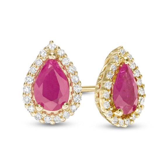 Pear-Shaped Ruby and 1/8 CT. T.w. Diamond Frame Stud Earrings in 10K Gold