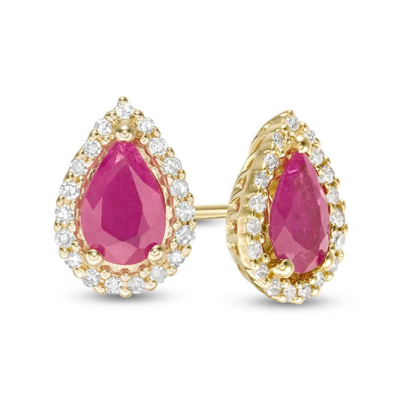 Main Image 1 of Pear-Shaped Ruby and 1/8 CT. T.W. Diamond Frame Stud Earrings in 10K Gold