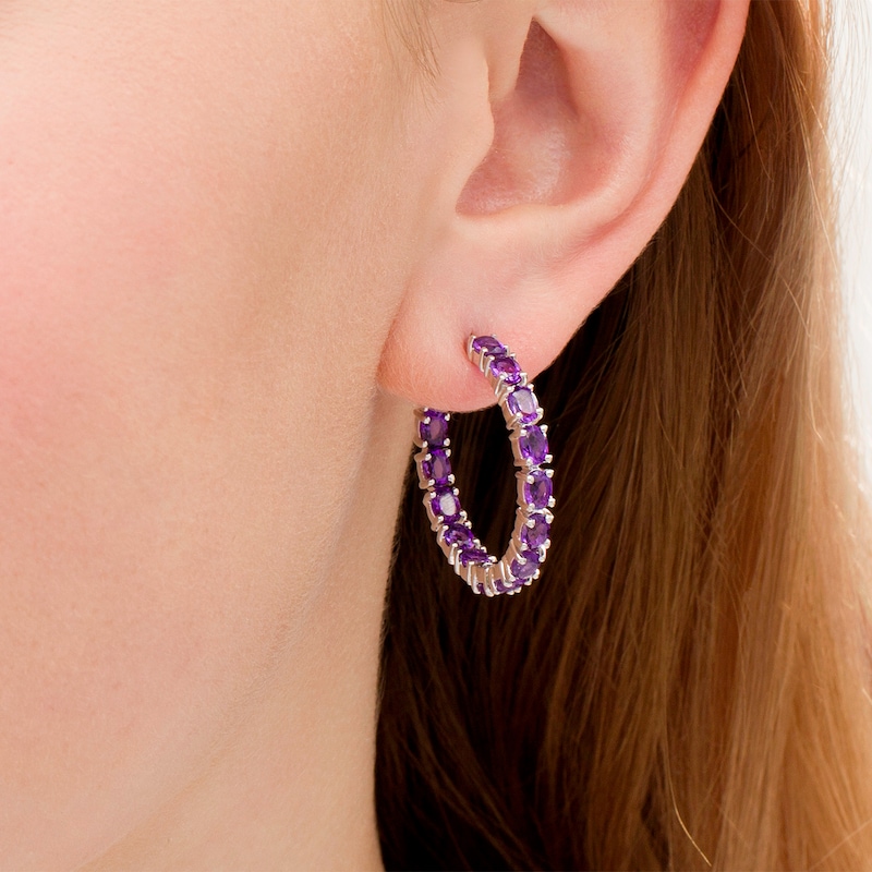 Oval Amethyst Lined Inside-Out Hoop Earrings in Sterling Silver