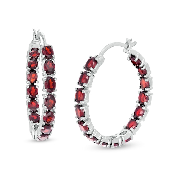 Oval Garnet Inside-Out Hoop Earrings in Sterling Silver