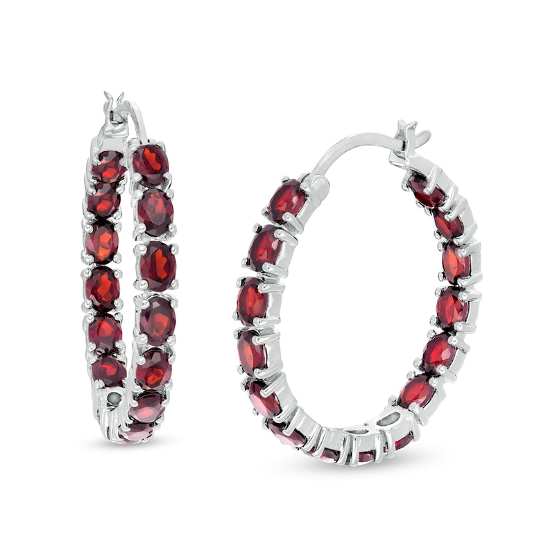 Main Image 1 of Oval Garnet Inside-Out Hoop Earrings in Sterling Silver